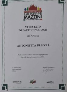 Attestato di partecipazione Premio Internazionale d'Arte "Giuseppe Mazzini" per Antonietta Di Seclì, Milano 2025