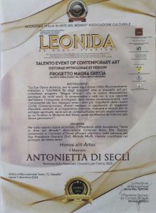 Attestato di riconoscimento "Leonida" Re degli Spartani per Antonietta Di Seclì, Lecce 2024